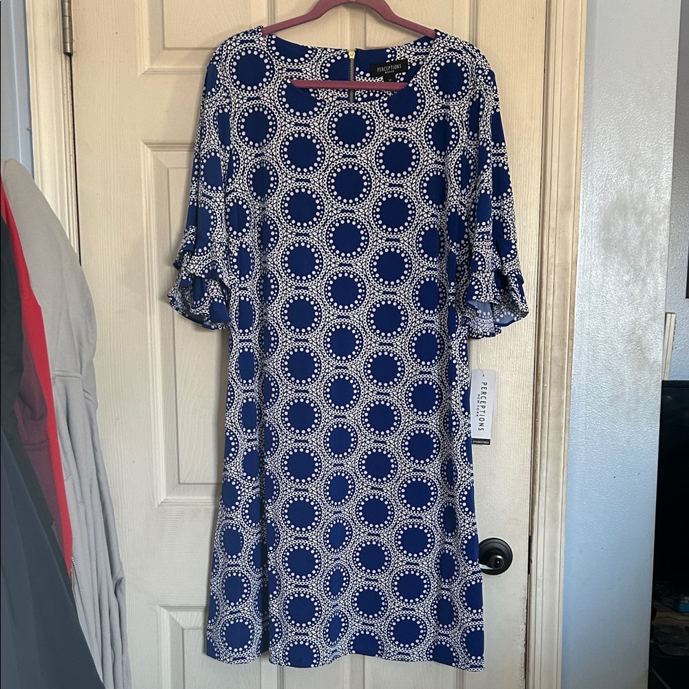 NWT Perceptions New York geo print cobalt short sleeve  dress size 2X